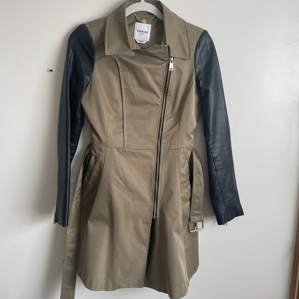 Bebe Size Sm Two Tone Coat. Army Green with Faux Leather